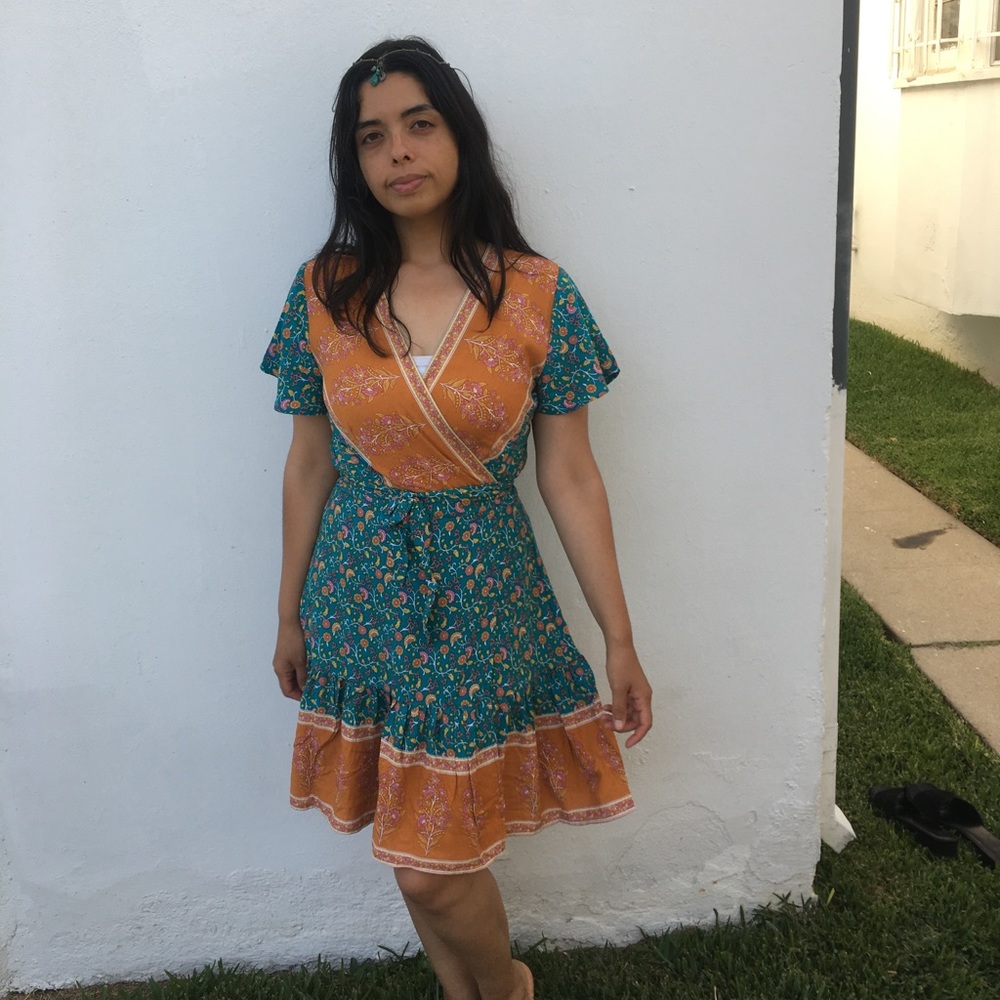 Boho Teal & Orange Wrap Dress